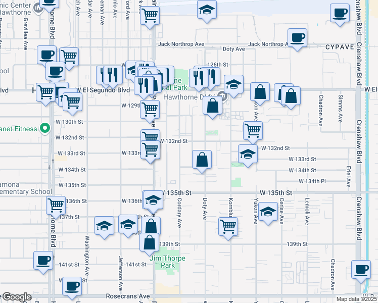 map of restaurants, bars, coffee shops, grocery stores, and more near 13231 Florwood Avenue in Hawthorne