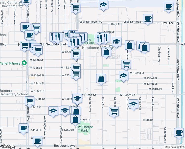 map of restaurants, bars, coffee shops, grocery stores, and more near 13220 Cordary Avenue in Hawthorne