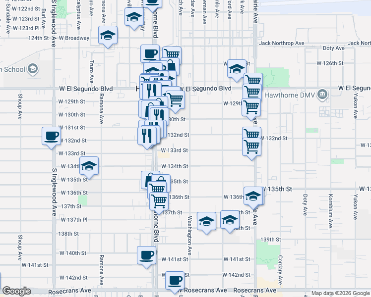 map of restaurants, bars, coffee shops, grocery stores, and more near 4317 West 133rd Street in Hawthorne