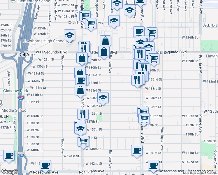map of restaurants, bars, coffee shops, grocery stores, and more near 13233 Ramona Avenue in Hawthorne