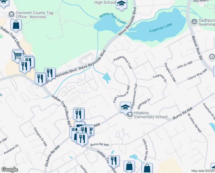 map of restaurants, bars, coffee shops, grocery stores, and more near 1073 Park Forest Court Northwest in Lilburn