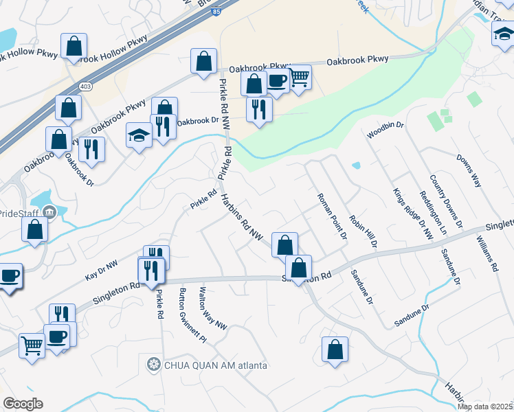 map of restaurants, bars, coffee shops, grocery stores, and more near 5588 Estates Court in Norcross