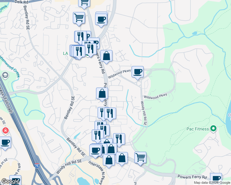 map of restaurants, bars, coffee shops, grocery stores, and more near 1604 Rivergreen Lane in Atlanta
