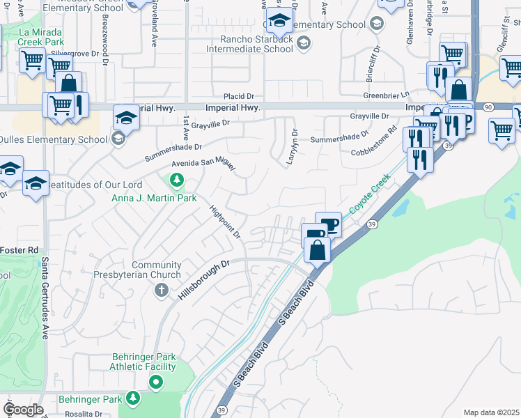 map of restaurants, bars, coffee shops, grocery stores, and more near 16425 Murphy Road in La Mirada