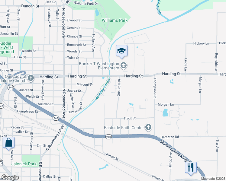 map of restaurants, bars, coffee shops, grocery stores, and more near 17 Grant Gill Lane in Wichita Falls