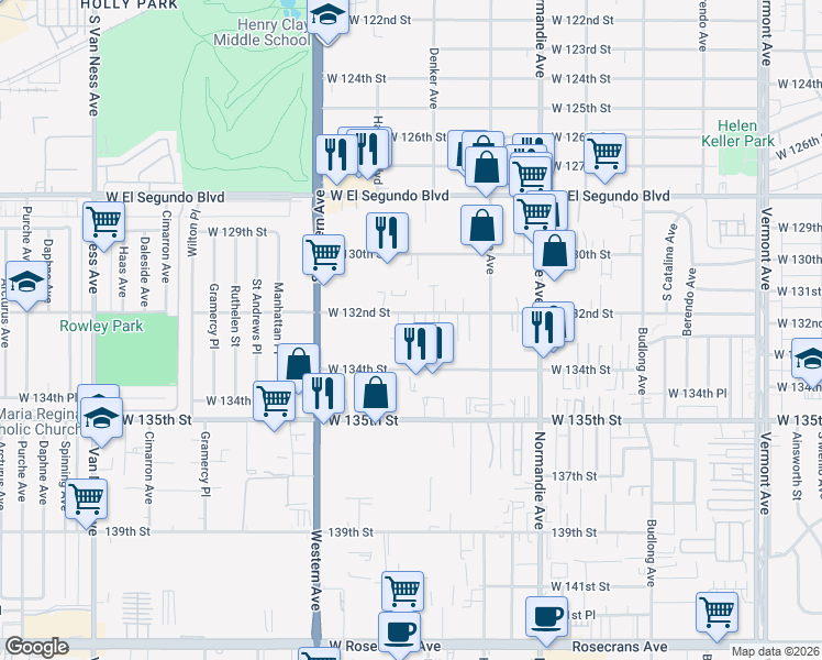 map of restaurants, bars, coffee shops, grocery stores, and more near 1618 West 132nd Street in Gardena