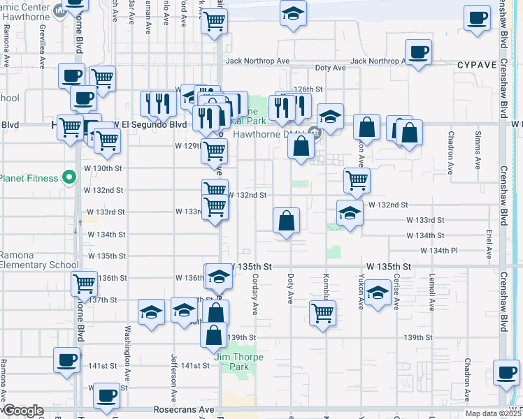 map of restaurants, bars, coffee shops, grocery stores, and more near 13220 Cordary Avenue in Hawthorne