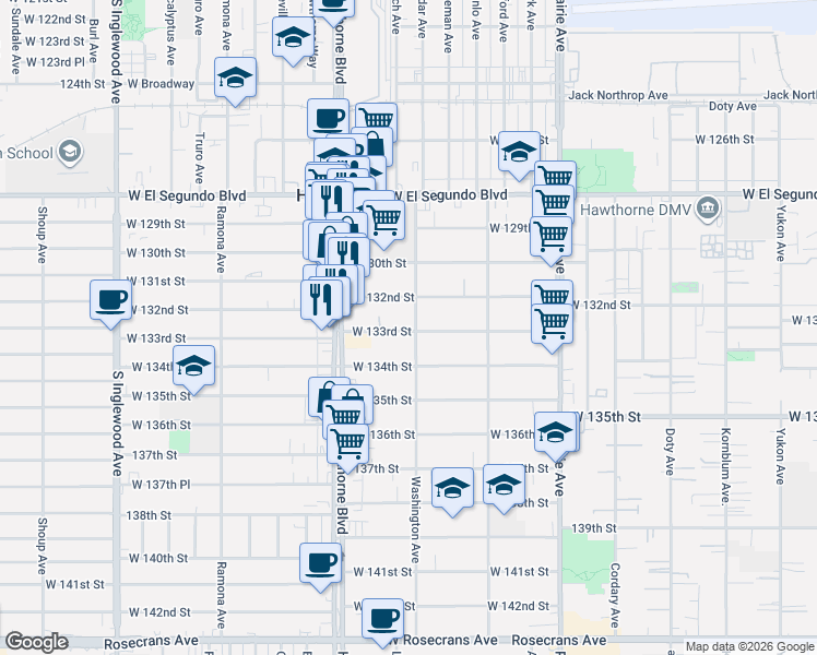 map of restaurants, bars, coffee shops, grocery stores, and more near 4317 West 133rd Street in Hawthorne