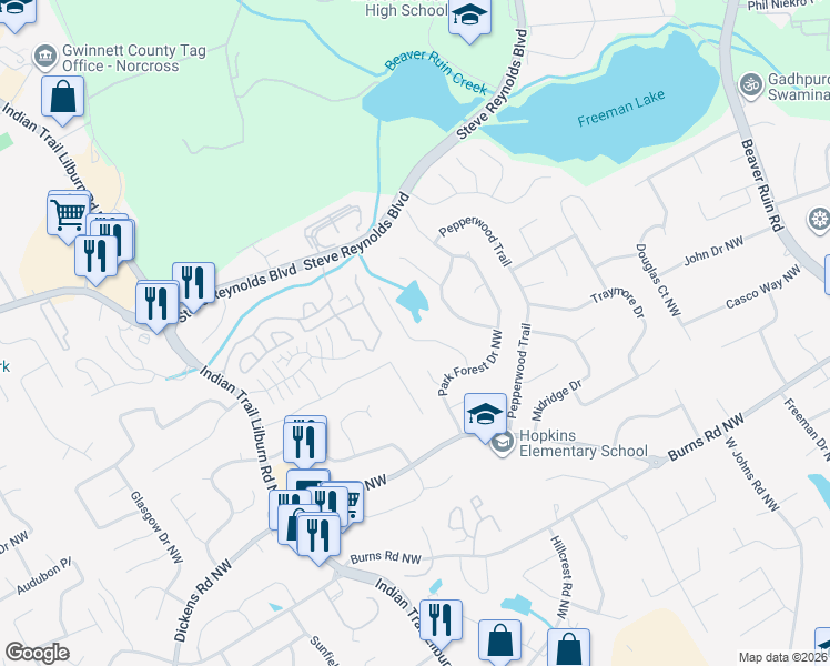 map of restaurants, bars, coffee shops, grocery stores, and more near 1073 Park Forest Court Northwest in Lilburn