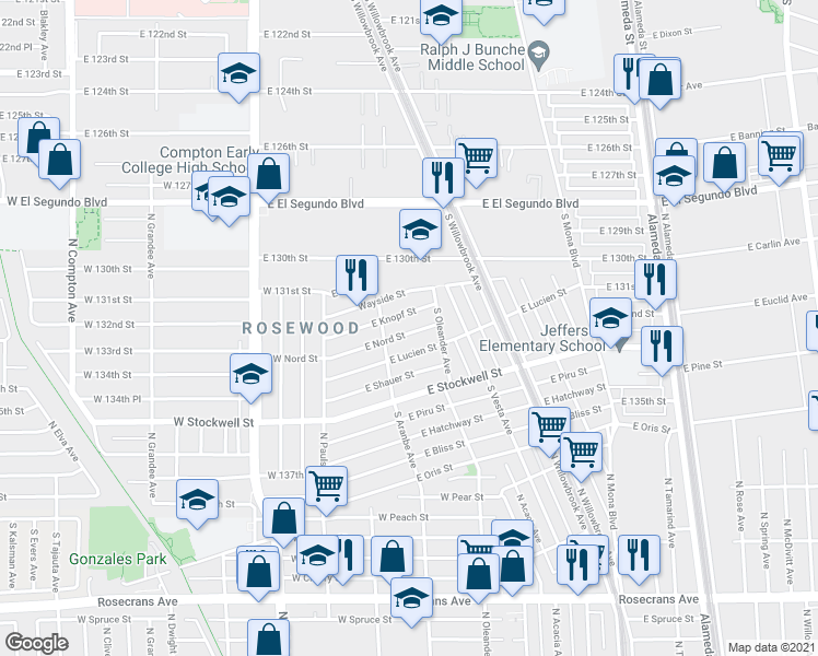 map of restaurants, bars, coffee shops, grocery stores, and more near 2131 East Nord Street in Compton