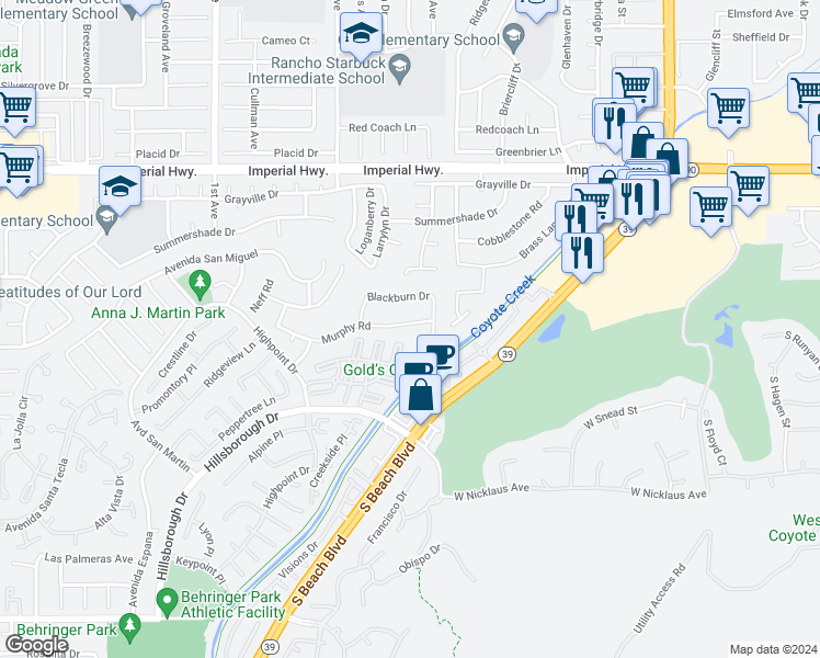 map of restaurants, bars, coffee shops, grocery stores, and more near 16546 Murphy Road in La Mirada
