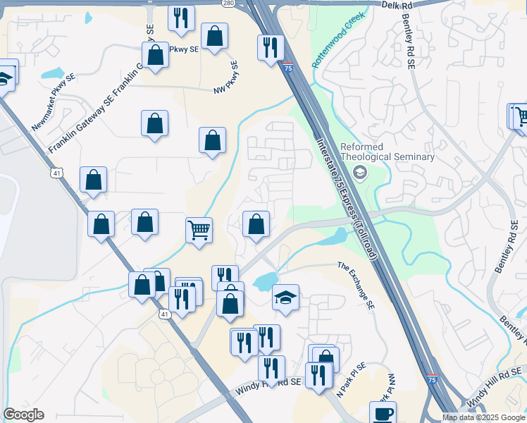 map of restaurants, bars, coffee shops, grocery stores, and more near 1716 Terrell Mill Road Southeast in Marietta