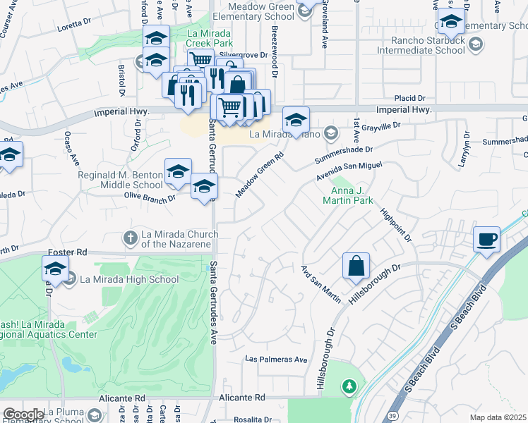 map of restaurants, bars, coffee shops, grocery stores, and more near 15960 Glazebrook Drive in La Mirada
