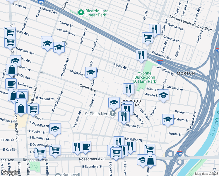 map of restaurants, bars, coffee shops, grocery stores, and more near 12228 Waldorf Drive in Lynwood