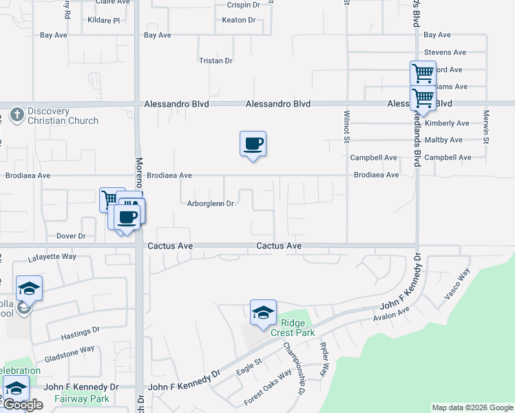 map of restaurants, bars, coffee shops, grocery stores, and more near 14366 Arborglenn Drive in Moreno Valley