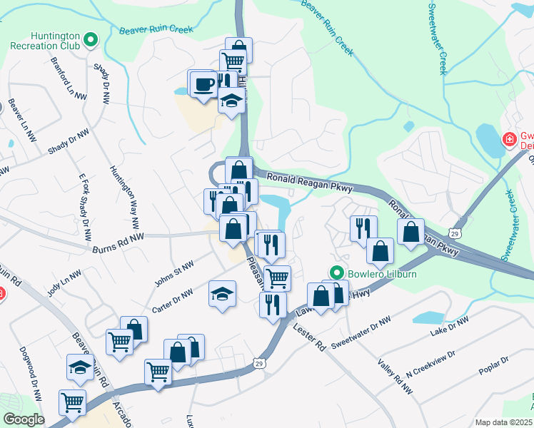 map of restaurants, bars, coffee shops, grocery stores, and more near 500 Pleasant Hill Road in Lilburn