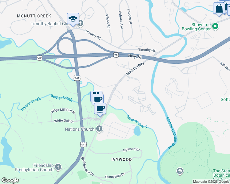 map of restaurants, bars, coffee shops, grocery stores, and more near 1095 Macon Highway in Athens