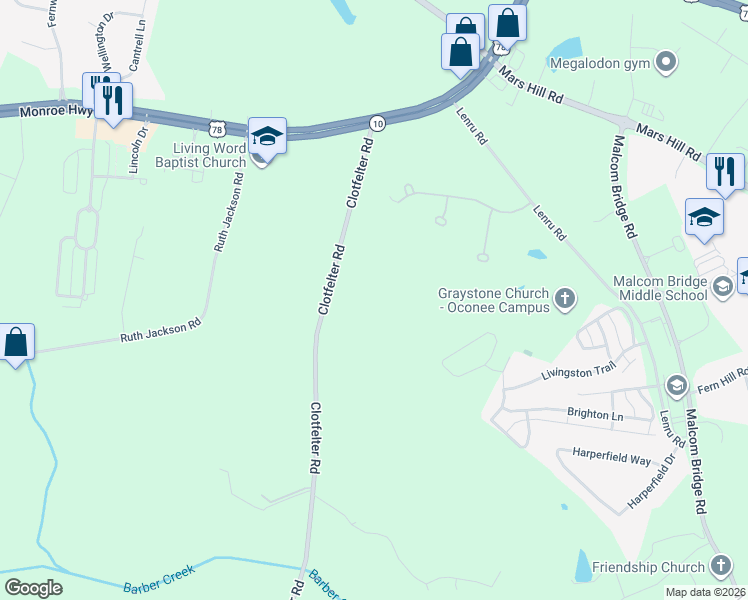 map of restaurants, bars, coffee shops, grocery stores, and more near 2410 Clotfelter Road in Bogart