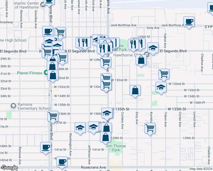 map of restaurants, bars, coffee shops, grocery stores, and more near 13251 Prairie Avenue in Hawthorne