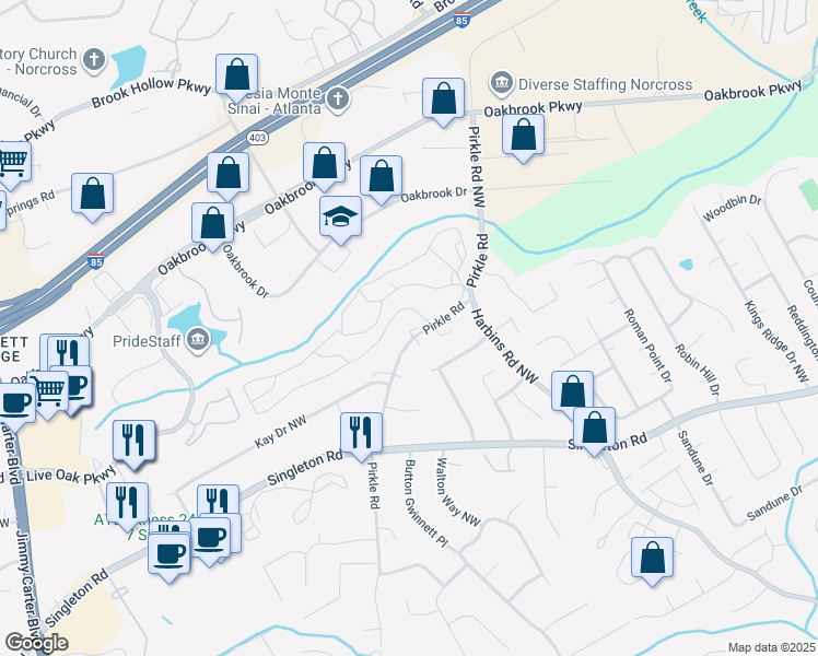 map of restaurants, bars, coffee shops, grocery stores, and more near 1575 Pirkle Road in Norcross