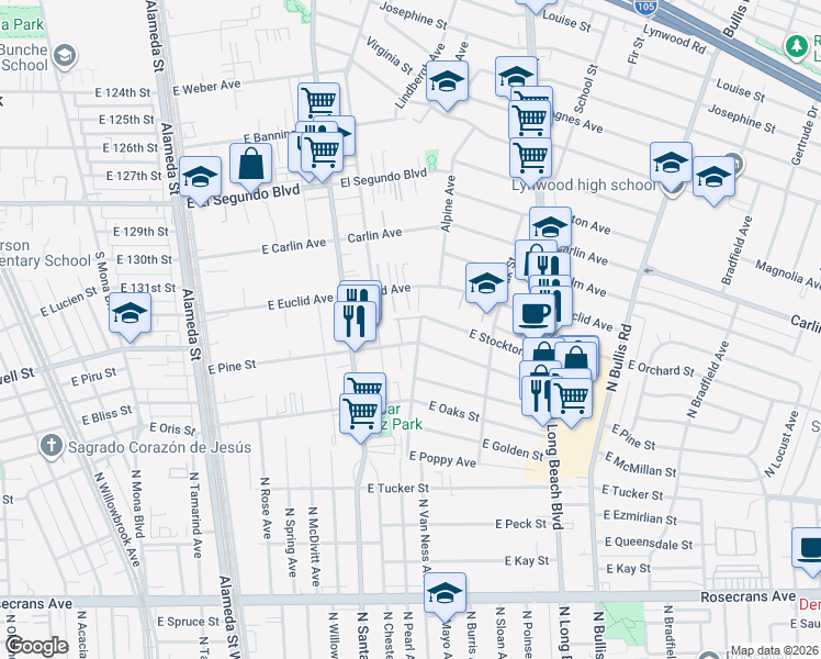 map of restaurants, bars, coffee shops, grocery stores, and more near 821 East Pine Street in Compton