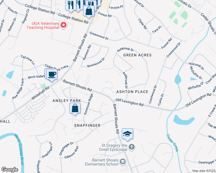 map of restaurants, bars, coffee shops, grocery stores, and more near 201 Rockford Drive in Athens