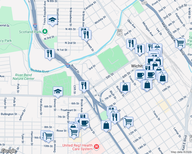 map of restaurants, bars, coffee shops, grocery stores, and more near 401 Broad Street in Wichita Falls