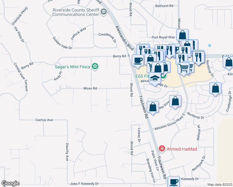 map of restaurants, bars, coffee shops, grocery stores, and more near 18805 Moss Road in Riverside