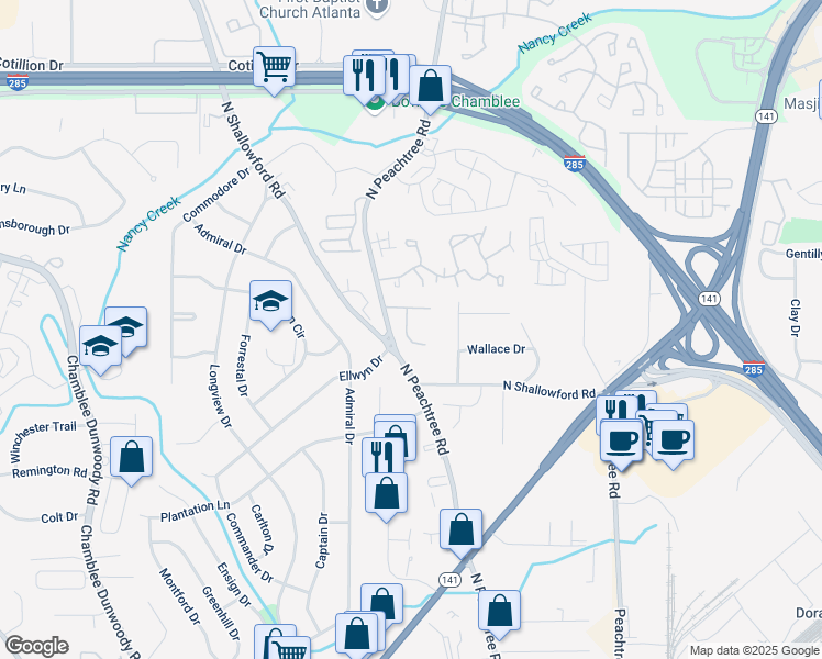 map of restaurants, bars, coffee shops, grocery stores, and more near 3995 Elm Street in Chamblee