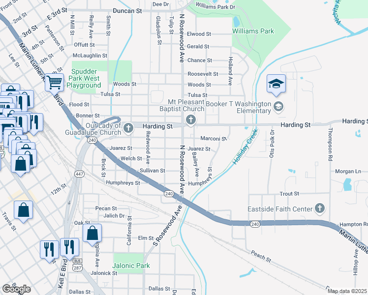 map of restaurants, bars, coffee shops, grocery stores, and more near 503 North Rosewood Avenue in Wichita Falls