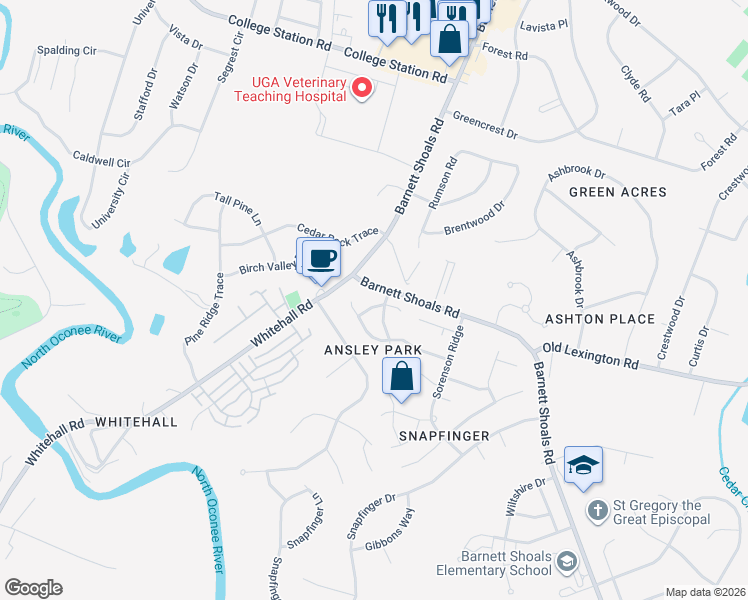 map of restaurants, bars, coffee shops, grocery stores, and more near 122 Winthrop Way in Athens