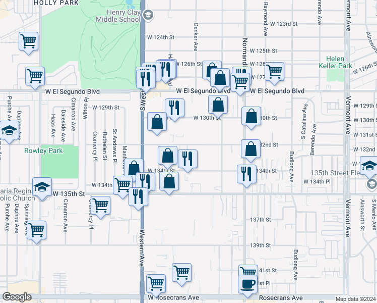 map of restaurants, bars, coffee shops, grocery stores, and more near 1618 West 132nd Street in Gardena