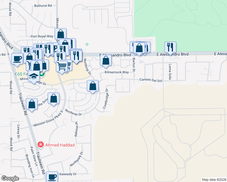 map of restaurants, bars, coffee shops, grocery stores, and more near 7671 Saint Andrews Drive in Riverside