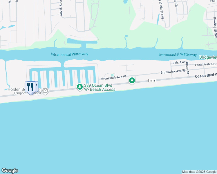 map of restaurants, bars, coffee shops, grocery stores, and more near 337 Ocean Boulevard West in Holden Beach