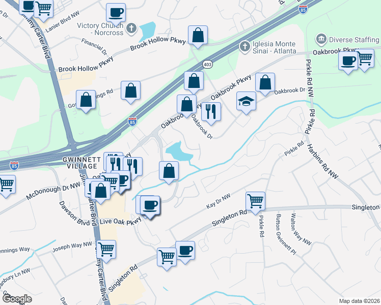 map of restaurants, bars, coffee shops, grocery stores, and more near 1660 Oakbrook Lake Drive Northwest in Norcross