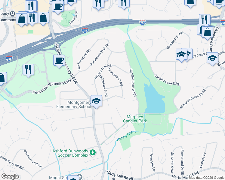 map of restaurants, bars, coffee shops, grocery stores, and more near 1427 Iroquois Path Northeast in Atlanta