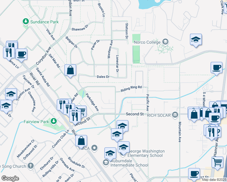 map of restaurants, bars, coffee shops, grocery stores, and more near 2090 Western Avenue in Norco