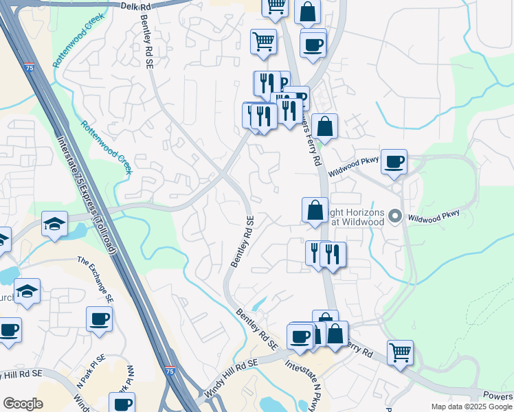 map of restaurants, bars, coffee shops, grocery stores, and more near 401 Wynnes Ridge Circle in Marietta