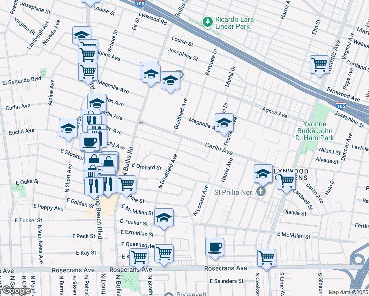 map of restaurants, bars, coffee shops, grocery stores, and more near 3909 Palm Avenue in Lynwood