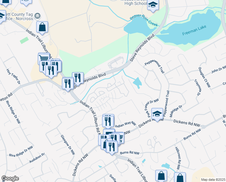 map of restaurants, bars, coffee shops, grocery stores, and more near 1106 Rock Creek Lane in Norcross