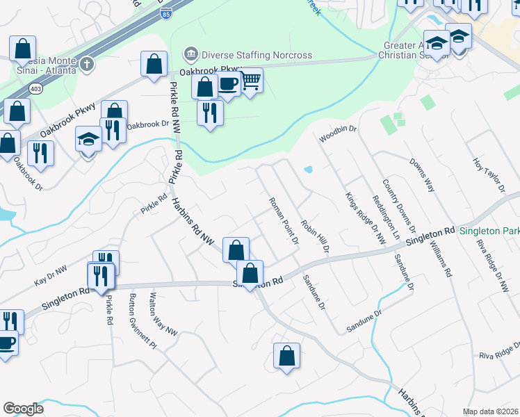 map of restaurants, bars, coffee shops, grocery stores, and more near 5525 Caesars Way in Norcross