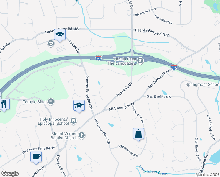 map of restaurants, bars, coffee shops, grocery stores, and more near 5758 Riverside Drive in Atlanta