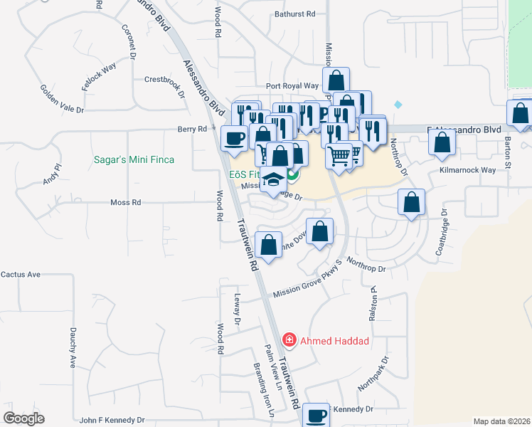 map of restaurants, bars, coffee shops, grocery stores, and more near 19148 Broken Bow Drive in Riverside