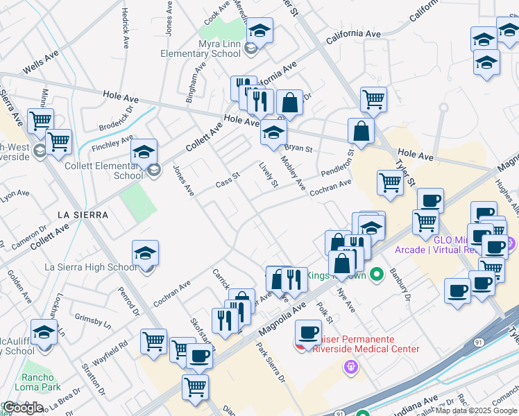 map of restaurants, bars, coffee shops, grocery stores, and more near 4016 Polk Street in Riverside
