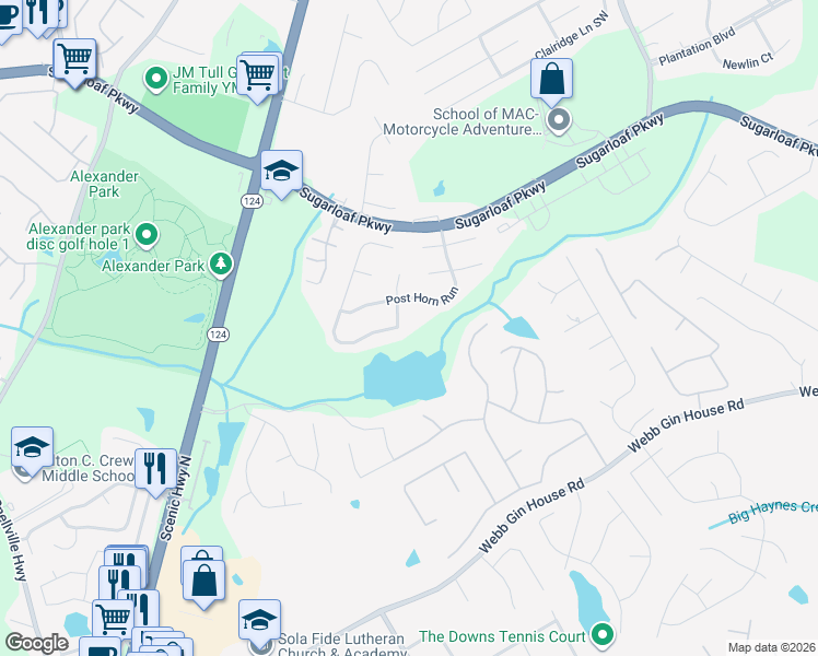 map of restaurants, bars, coffee shops, grocery stores, and more near 1080 Bridle Path Drive in Lawrenceville