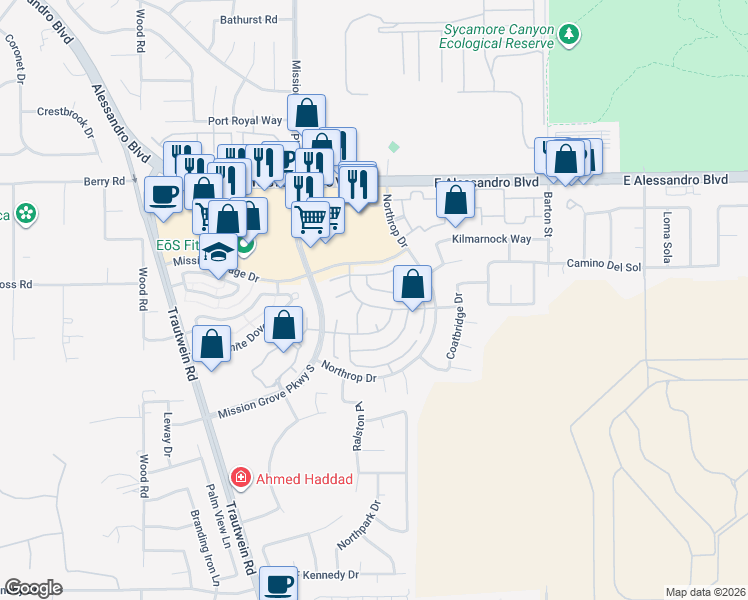 map of restaurants, bars, coffee shops, grocery stores, and more near 19568 Botany Bay Road in Riverside