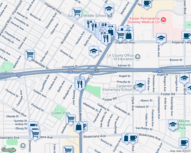map of restaurants, bars, coffee shops, grocery stores, and more near 9030 Angell Street in Downey