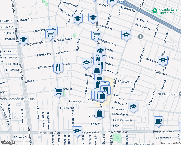 map of restaurants, bars, coffee shops, grocery stores, and more near 1114 East Orchard Street in Compton