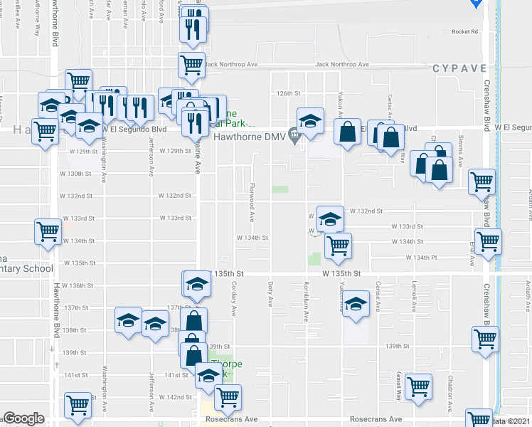 map of restaurants, bars, coffee shops, grocery stores, and more near 13233 Doty Avenue in Hawthorne