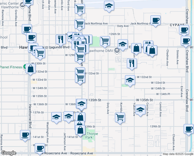 map of restaurants, bars, coffee shops, grocery stores, and more near 13231 Florwood Avenue in Hawthorne